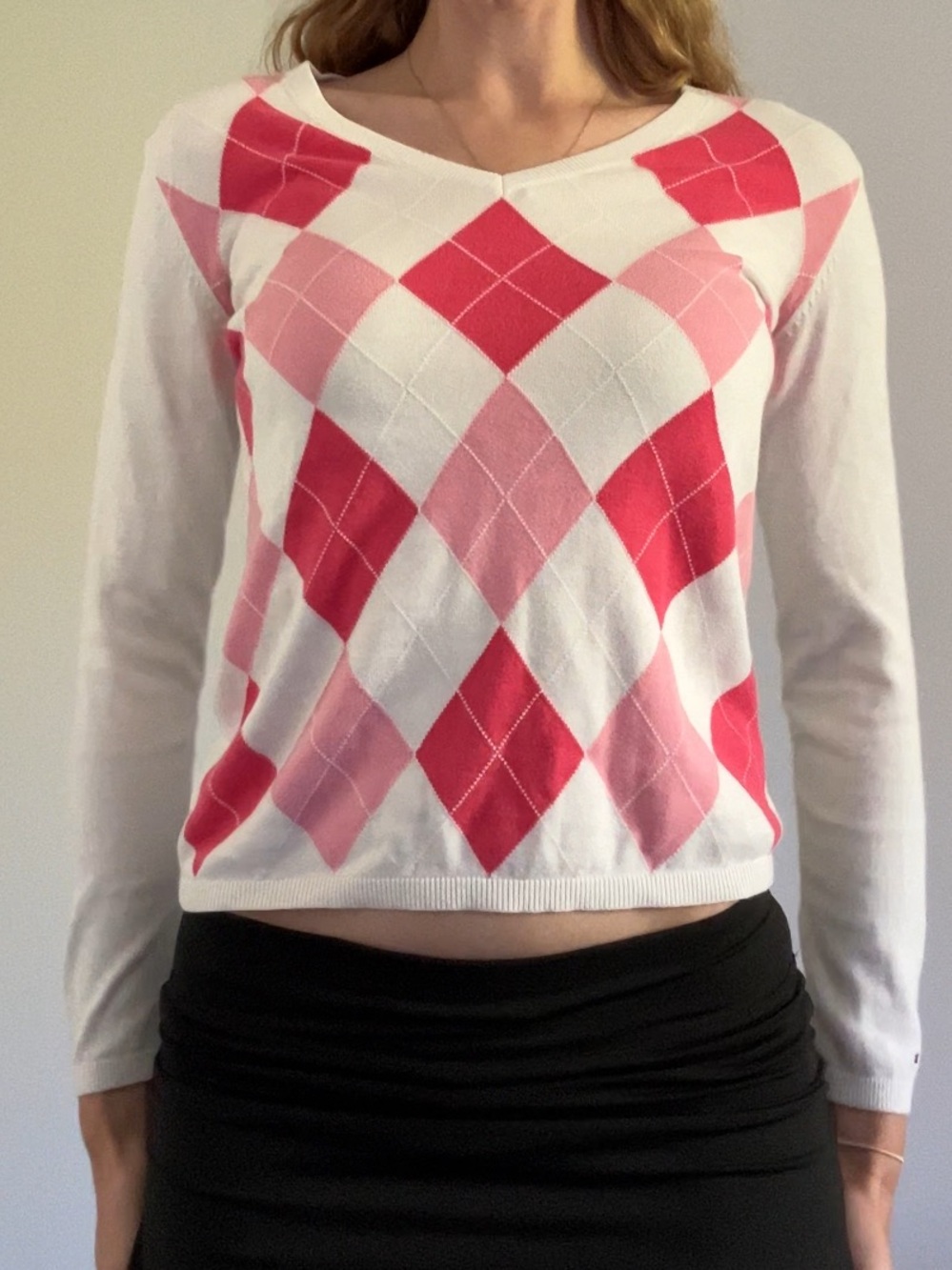 Tommy Hilfiger White Sweater with Pink & Red Argyle